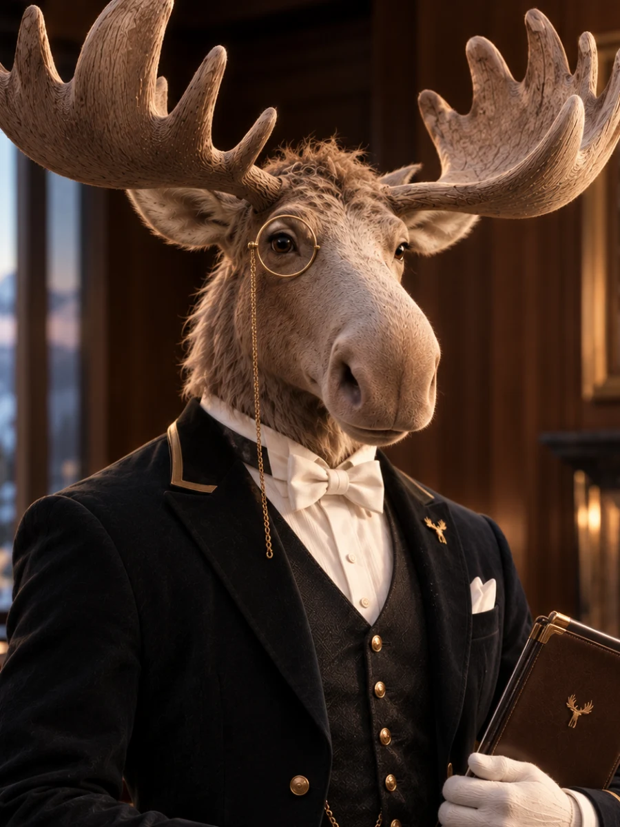 Portrett av Vita, en elg med monokkel og svart snippkjole, i en varmt opplyst salong på en herregård